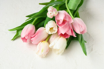 Bouquet of beautiful tulips on white background. International Women's Day