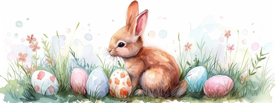 A charming painting of a brown bunny nestled among pastel-colored Easter eggs and delicate wildflowers, all softly rendered.