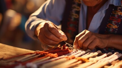 Closeup of a local artisan weaving a traditional rug at a cultural market.