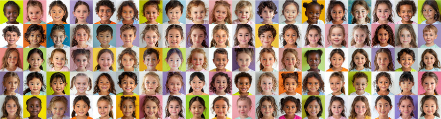 Portraits of kids of different age and nationalities. Education, communication., concept of multiculturalism. Collage, wide panorama.
