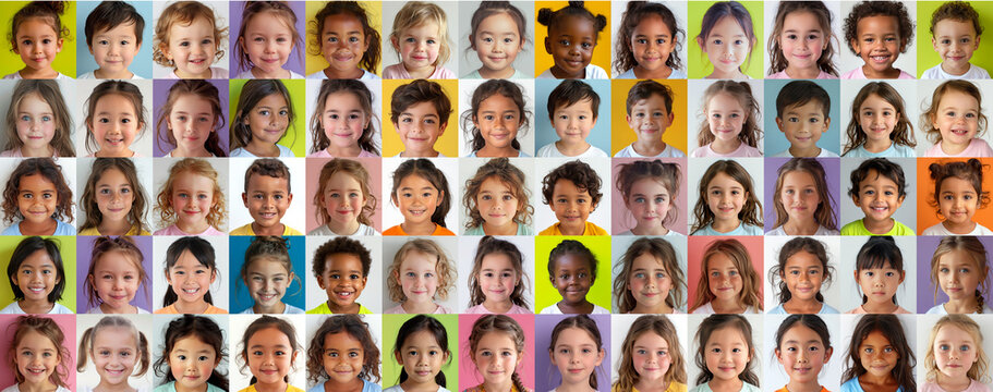Portraits of kids of different age and nationalities. Education, communication., concept of multiculturalism. Collage, panorama. 