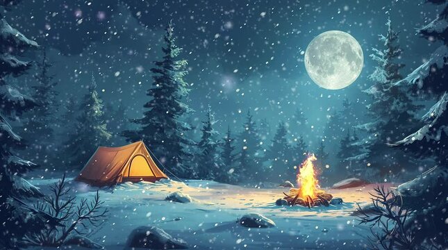 adventure camping evening scene. Tent, campfire, pine forest and rocky mountains background Seamless looping 4k time-lapse virtual video animation background. Generated AI