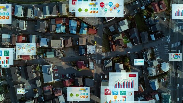 Modern city drone point of view and statistics data concept. Management strategy. Financial technology.