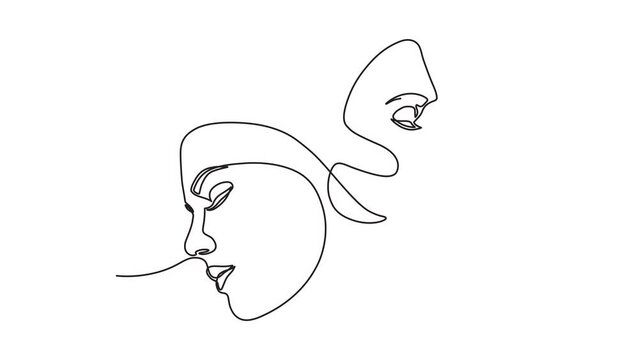 Continuous one line animation. Hand drawn animated motion graphic element of beautiful woman face portrait. beauty care concept. 4k videos