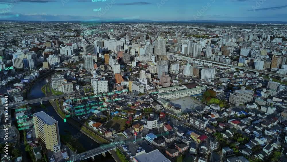 Poster modern city drone point of view and digital technology concept. smart city. internet of things. iot.