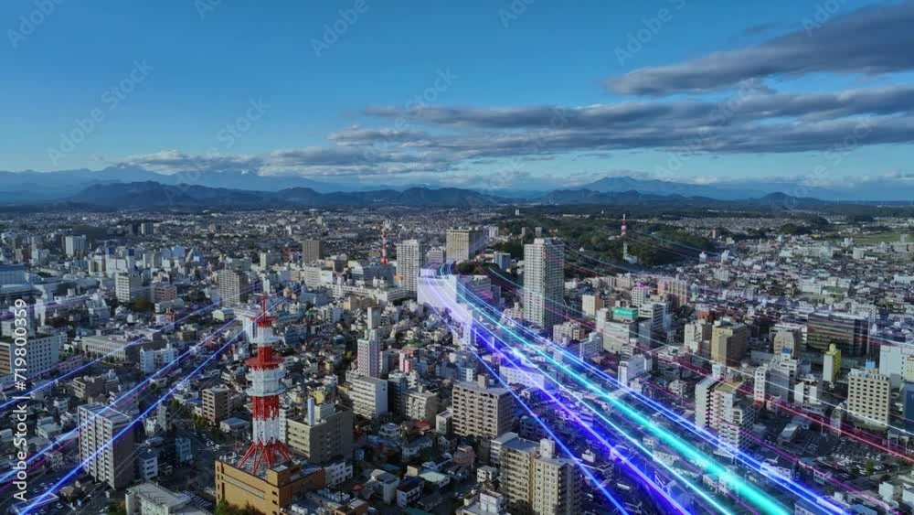 Poster Modern city drone point of view and belts of light stretching into the future. Next generation technology development.