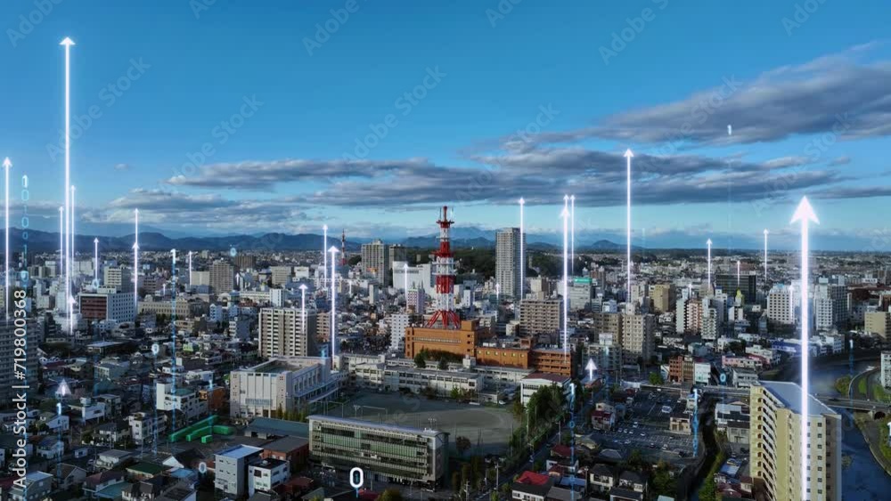 Poster Modern city drone point of view and communication network concept. Smart city. Internet of Things. IoT. 