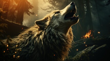 A solitary wolf howling at the moon in a forest - obrazy, fototapety, plakaty