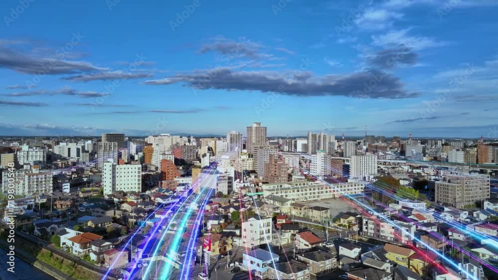 Poster modern city drone point of view and belts of light stretching into the future. next generation techn