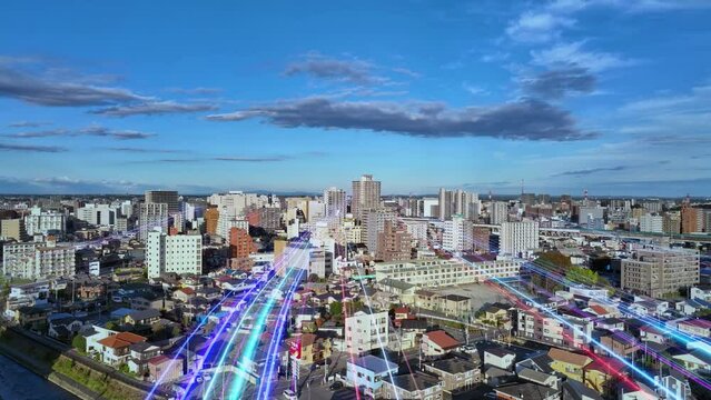 Modern city drone point of view and belts of light stretching into the future. Next generation technology development.