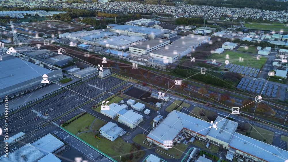 Poster modern industrial area drone point of view and communication network concept. industrial internet of
