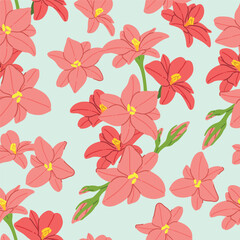 Seamless pattern of red flowers, Pastel blue tone background, Modern floral pattern vector, Vintage floral background, Pattern for design wallpaper, Gift wrap paper and fashion prints.
