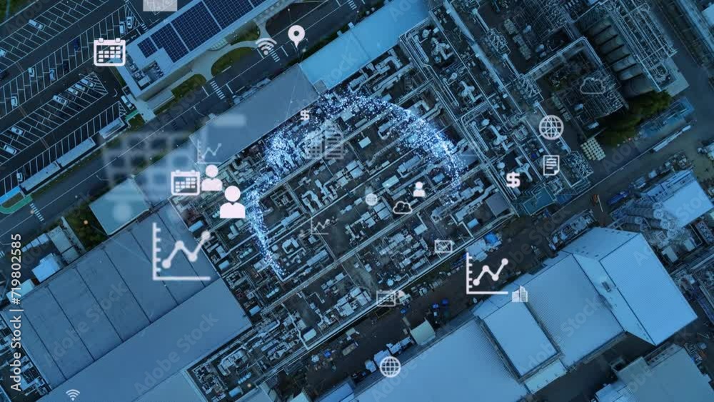 Leinwandbilder modern industrial area drone point of view and communication network concept. industrial internet of