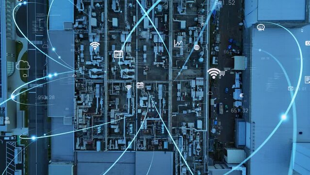 Modern industrial area drone point of view and communication network concept. Industrial Internet of Things. IIoT. Factory automation. Smart Factory. 