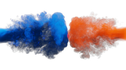 Puffs of blue and red smoke collide against a white background. 3d illustration. 