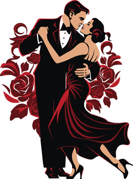 Black & Red Elegant Couple Performing Passionate Tango Dance Silhouette