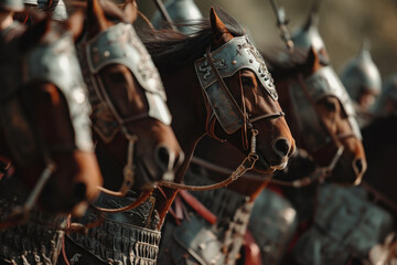 Close-up Ancient Chinese soldiers rode horses to lead troops in war - obrazy, fototapety, plakaty