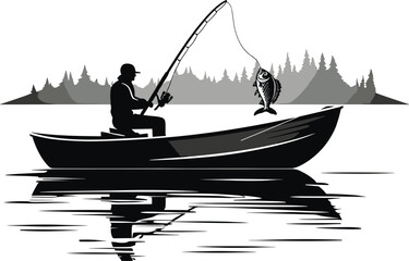 Angler in Boat Fishing on Serene Lake Vector