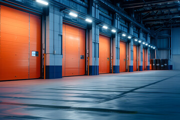 Dimly lit logistics center with orange roller shutter doors and a glossy concrete floor.
