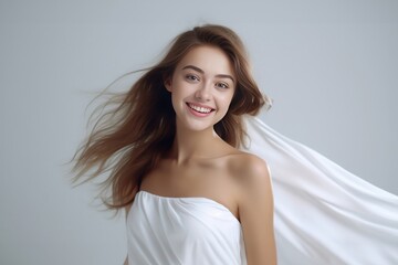 A 3D rendering of a young woman, adorned in a white dress, graces the frame with a radiant smile against a clean light gray grey white background, exuding simplicity and charm. Generative AI.