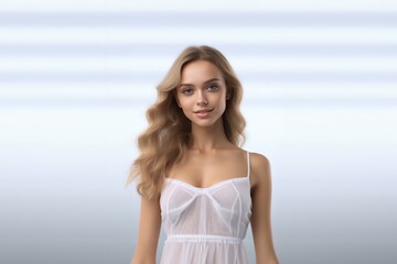 3D-rendered masterpiece, a young woman dons a white dress, her beaming smile adding a delightful touch to the composition against a pure grey canvas. Generative AI.