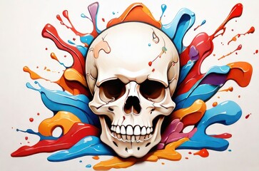skull bones with colorfull splash paint background