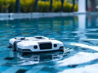 Obraz premium Autonomous pool cleaning device ensuring pristine conditions in a tranquil pool setting