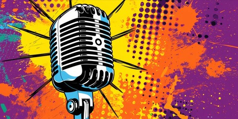 Retro microphone with a colorful pop art background - obrazy, fototapety, plakaty