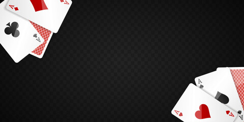 Vegas casino white poker cards. Clubs, diamonds, hearts, spades. Gambling addiction, risky money, huge jackpot, lucky game. Playing blackjack. Dark background. Vector illustration