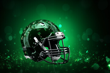 Green american football helmet isolated on a green background. Generative AI.