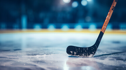 Black hockey stick and rubber puck on ice background. - obrazy, fototapety, plakaty