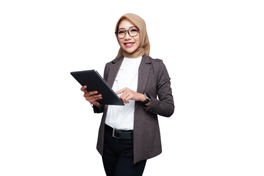 Hijab muslim business woman with tablet isolated transparent