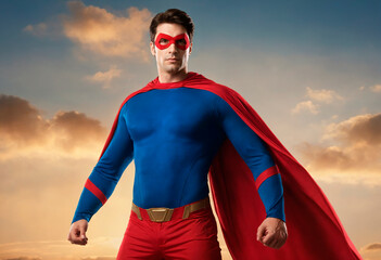 Superhero. Portrait man in fantastic costume.