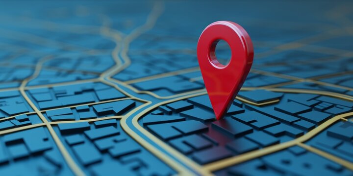 3D model of a map with a red location pin