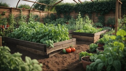 
vegetable garden with plants for cooking such as mint, basil, fennel, potatoes, tomatoes, aubergines, courgettes