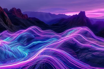 Foto auf Acrylglas Violett Neon light trails in a mountainous landscape
