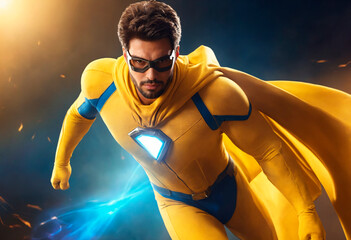 Superhero. Portrait man in fantastic costume.