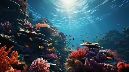 Fototapeta na wymiar A school of bright tropical fish in a coral reef
