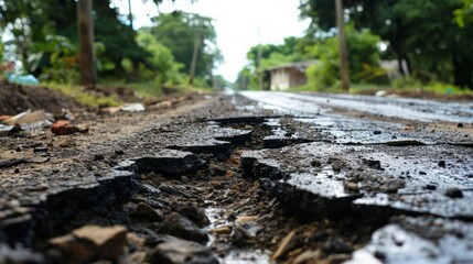 Dirty road with potholes after rain, selective focus.