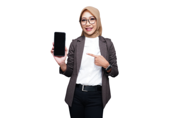Hijab muslim business woman with smartphone isolated transparent
