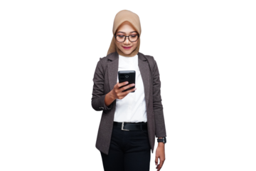 Hijab muslim business woman with smartphone isolated transparent