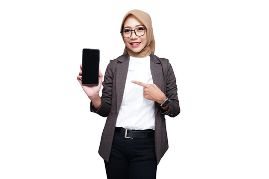 Hijab muslim business woman with smartphone isolated transparent