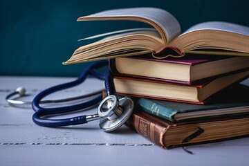 Stack of books with stethoscope and open book on top