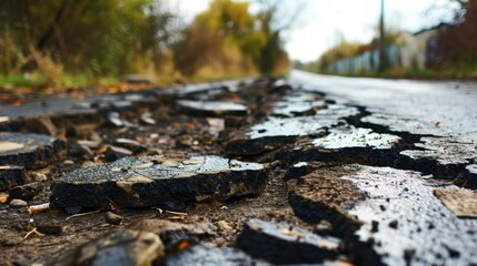 Dirty road with potholes after rain, selective focus.