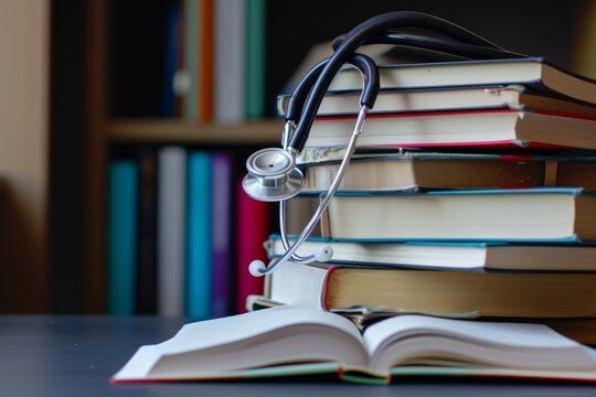 Stack of books with stethoscope and open book on top