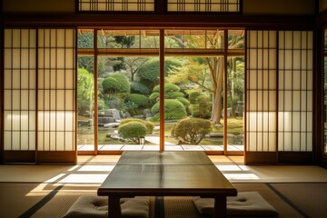 Traditional Japanese dining room overlooking a zen garden