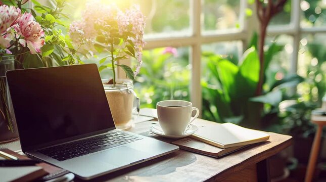 Laptop and coffee on spring window Seamless looping 4k time-lapse virtual video animation background. Generated AI