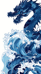 Chinese blue sea dragon on the waves.  Traditional oriental ink painting style. Graphic silhouette, zodiac sign. New Year greeting card, interior poster, banner, flyer 