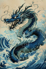 Chinese blue sea dragon on the waves.  Traditional oriental ink painting style. Graphic silhouette, zodiac sign. New Year greeting card, interior poster, banner, flyer 