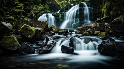 Fototapeta na wymiar View of a waterfall in a tropical rainforest, with mossy rocks.